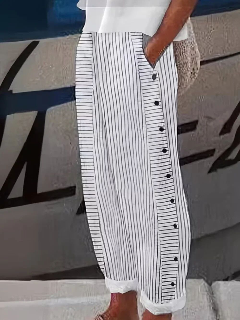 NWT Boho Striped Wide Leg Pants 14 Polyester Elastic Waist Casual Side Button
